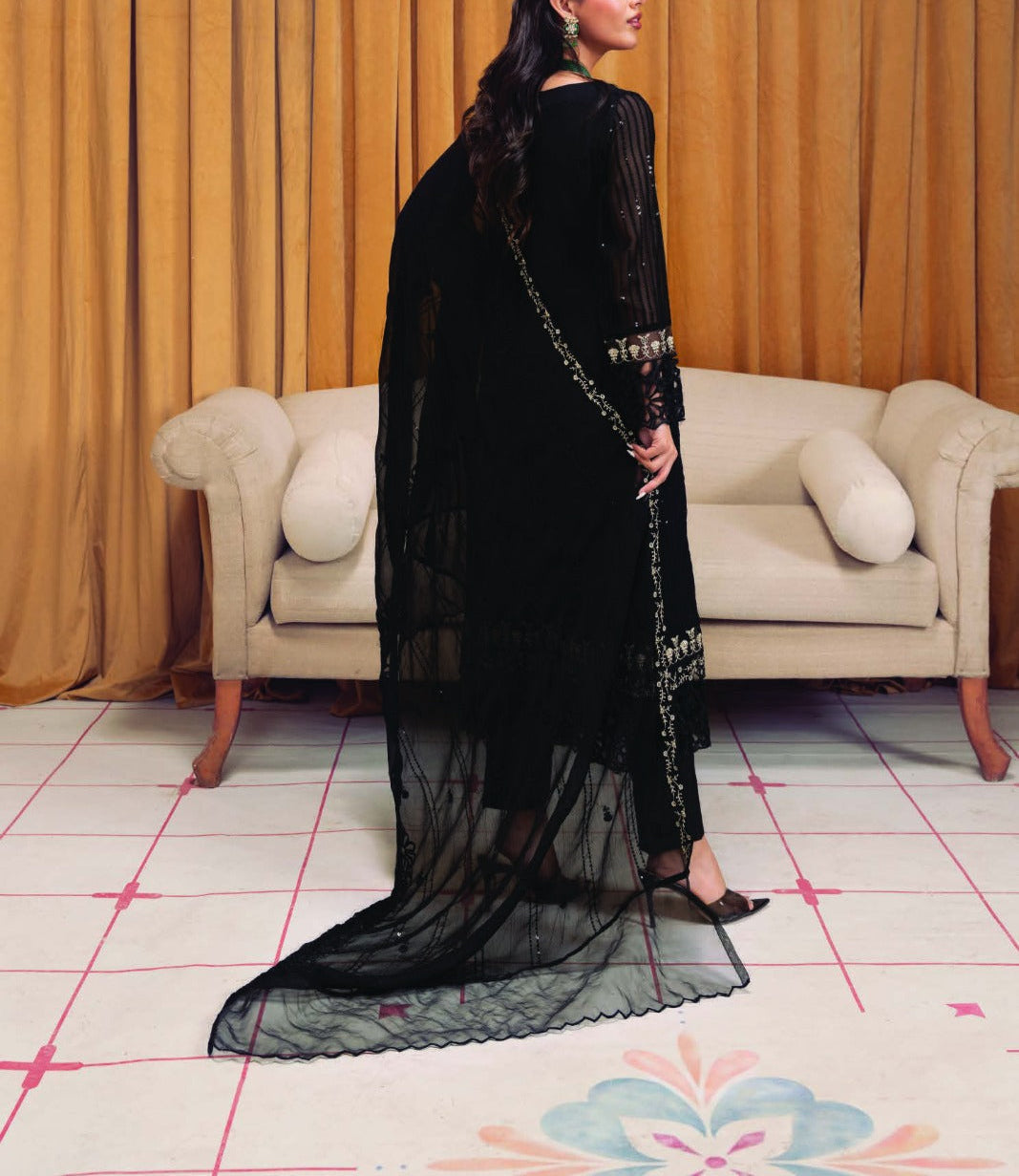 COLD BLACK– Embroidered Chiffon Unstitched 3Pc Suit.