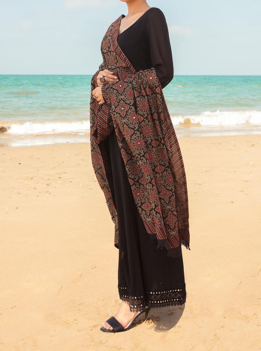 Grace W193-Plain 3pc marina dress with Embroidered marina shawl.