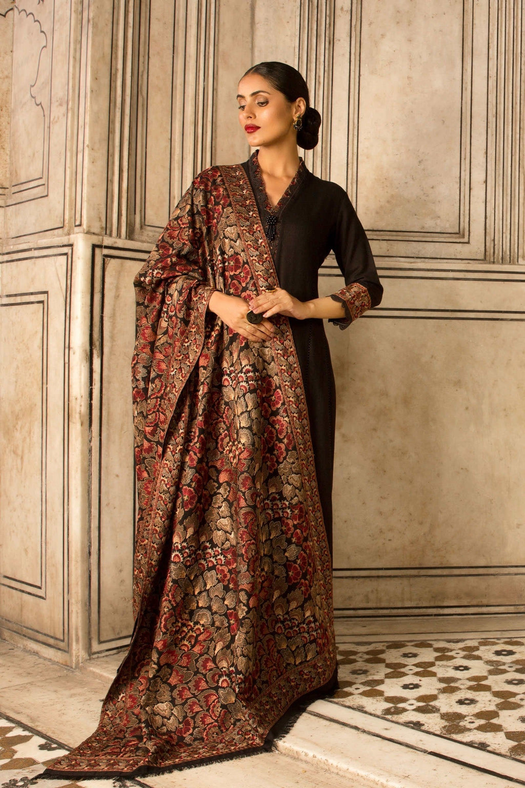 Grace premium D48- Embroidered Karandi black Shawl.