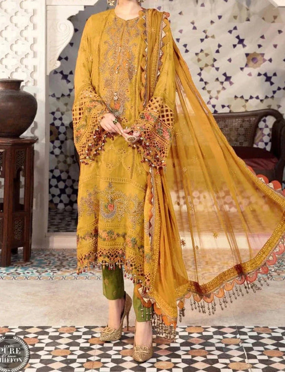 Grace W325- Embroidered 3pc Linen dress with Embroidered Chiffon dupatta.