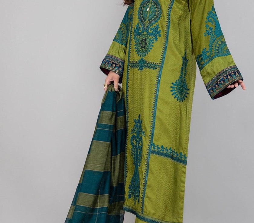 Grace S216 - Embroidered 3pc linen dress with embroidered chiffon dupatta.