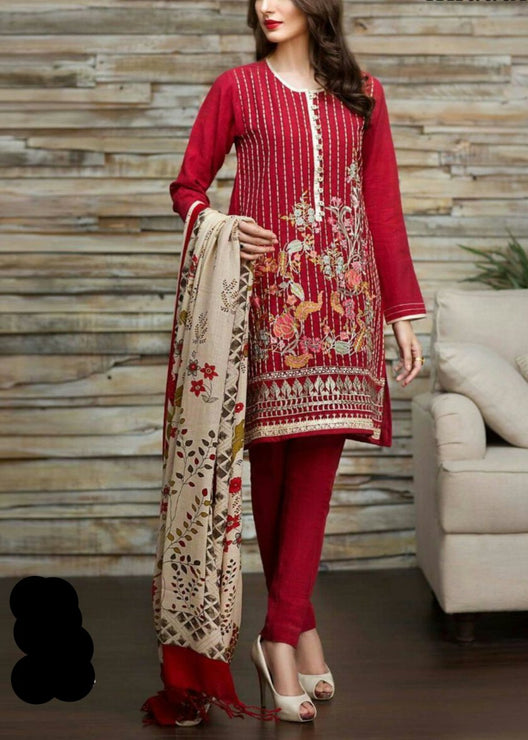 Grace W534-Embroidered 3pc khaddar dress With Printed shawl.