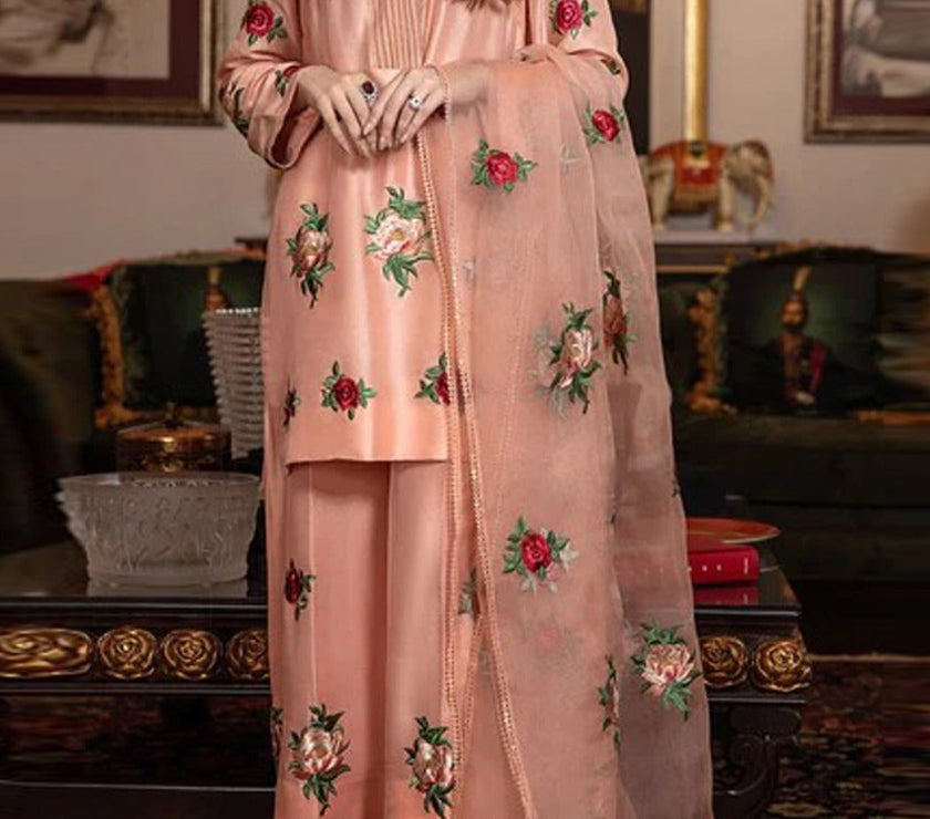 Grace S471-  Embroidered 3pc kataan silk dress with embroidered organza dupatta.