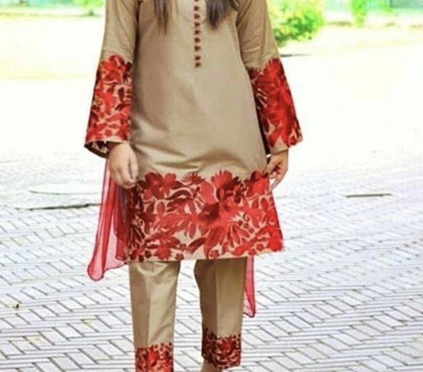 Sarinnah Brown 110-Embroided 3pc linen dress with embroidered chiffon dupatta - gracestore.pk