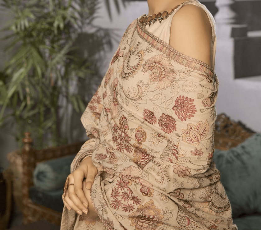 Sarinnah D77- Embroidered Karandi Lawn Beige Shawl - gracestore.pk