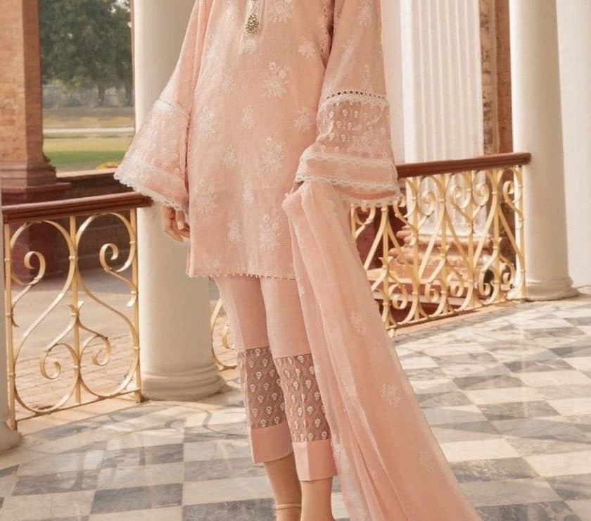 Bareeze peach -Embroided 3pc lawn dress with embroided pure chiffon dupatta. - gracestore.pk