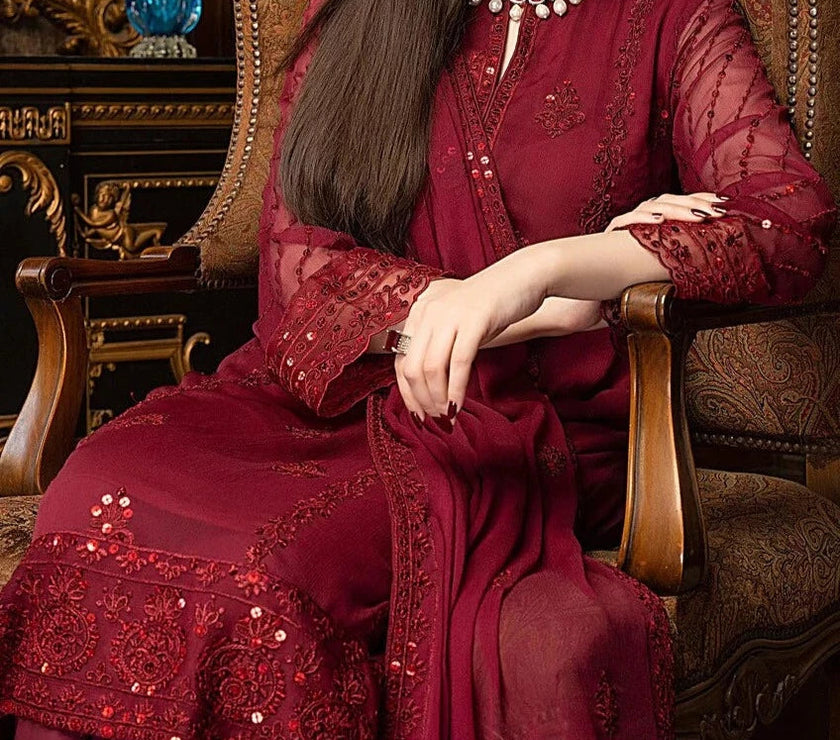 Cherry Red – Embroidered Chiffon Unstitched 3Pc Suit