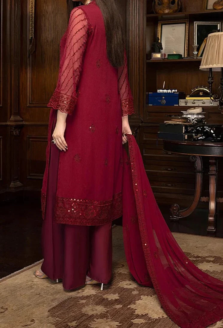 Cherry Red – Embroidered Chiffon Unstitched 3Pc Suit