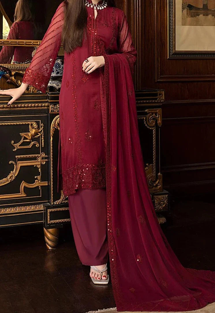 Cherry Red – Embroidered Chiffon Unstitched 3Pc Suit