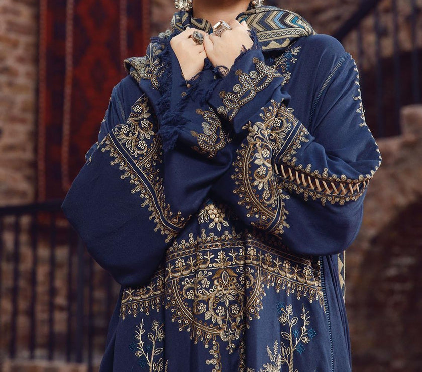 Grace W555-Embroidered 3pc marina dress with Printed shawl.