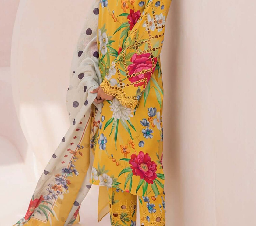 Grace S695-Embroidered 3PC Chicken Lawn Dress with Printed silk dupatta.